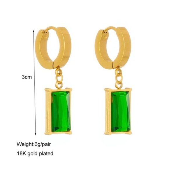 18k Gold Plated Square Emerald Green Crystal Drop Earrings - Picture 3 of 10